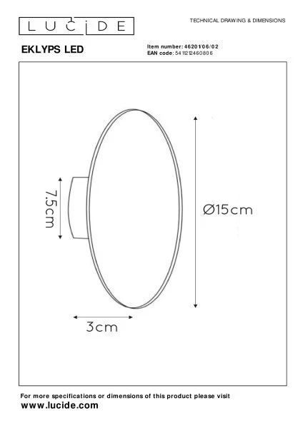 Lucide EKLYPS LED - Applique murale - Ø 15 cm - LED - 1x7W 3000K - Or Mat / Laiton - technique